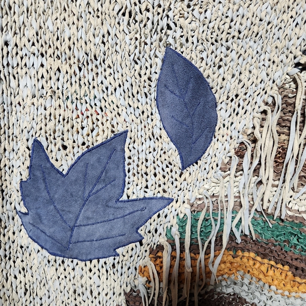 100% Leather Knit Sweater Medium Multicolor w/ Leaf Design Browm Blue Green Tan - Picture 3 of 7